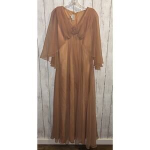 Emma Domb California Dress 14 Empire Waist Cape Sleeve Orange Chiffon Altered